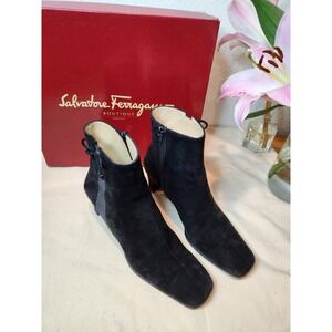 Salvatore Ferragamo Boutique Prince Black Suede Calf Ankle Boots‎ 6B Box ribbon